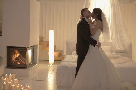 Hot young teen bride lick her new husbands schlong and fucks cowgirl on wedding night - #290194
