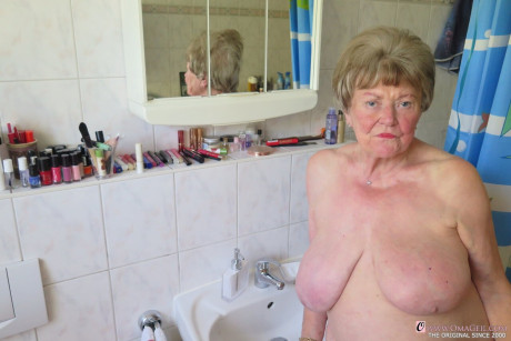 Shy old lady Phyladelphia playing with her monstrous saggy breasts in a solo - #60157