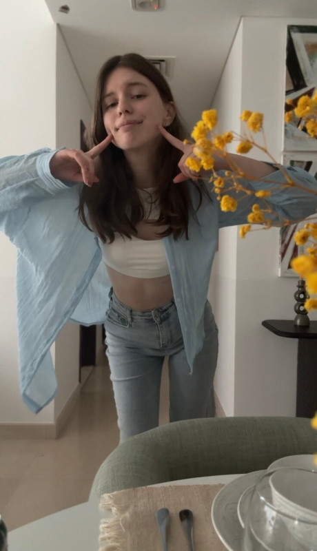 Brunette solo girl girl woman takes selfies while sporting denim attire - #300886