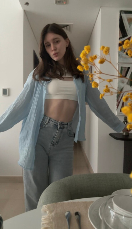 Brunette solo girl girl woman takes selfies while sporting denim attire - #300887
