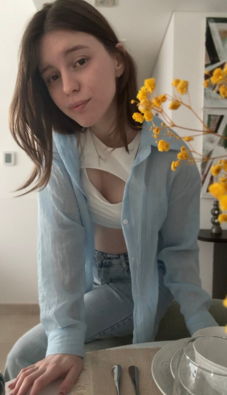 Brunette solo girl girl woman takes selfies while sporting denim attire - #300889