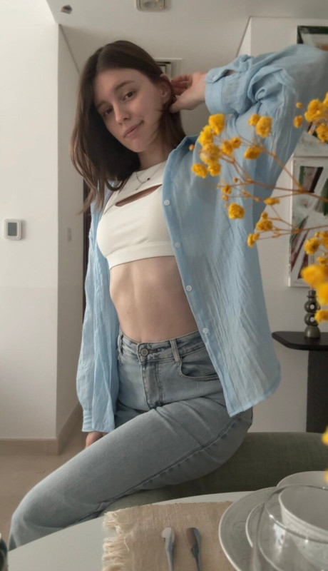 Brunette solo girl girl woman takes selfies while sporting denim attire - #300890