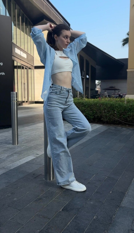 Brunette solo girl girl woman takes selfies while sporting denim attire - #300891
