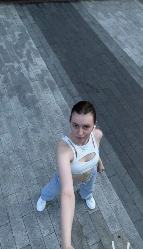 Brunette solo girl girl woman takes selfies while sporting denim attire - #300896