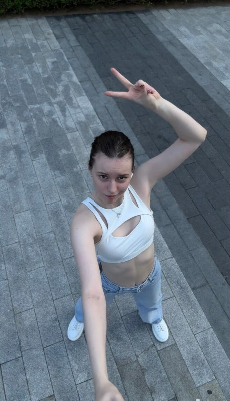 Brunette solo girl girl woman takes selfies while sporting denim attire - #300899