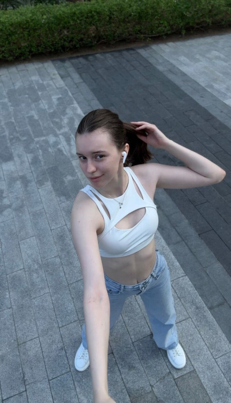 Brunette solo girl girl woman takes selfies while sporting denim attire - #300900