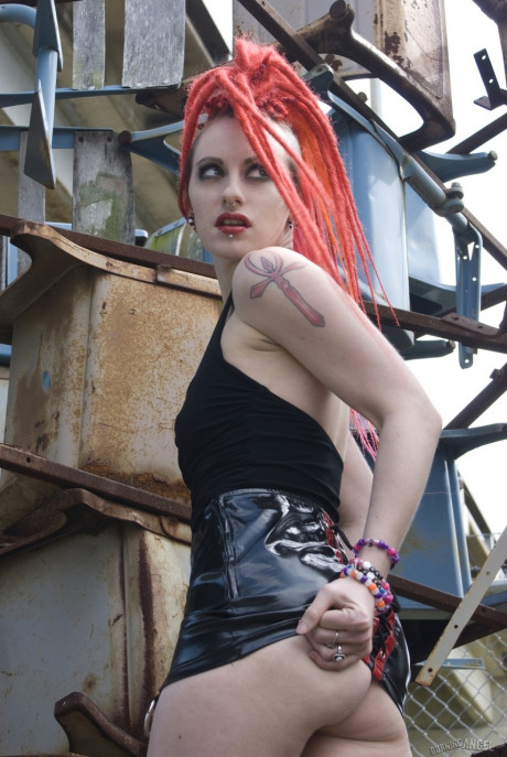 Punk slut GF lady with red hair poses naked in platform boots at industrial site - #63977