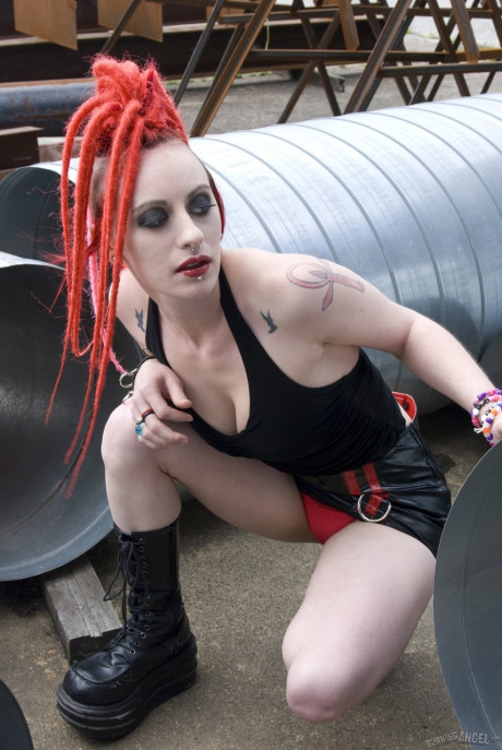 Punk slut GF lady with red hair poses naked in platform boots at industrial site - #63978
