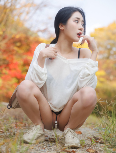 Attractive chinese slut GF woman shows off her ass outdoors wearing cute panties - #321558