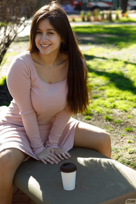 Kinky brunette amateur Clara Tribech shows her big titties outdoors - #249593