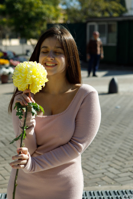 Kinky brunette amateur Clara Tribech shows her big titties outdoors - #249598