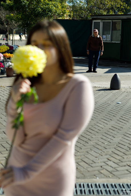 Kinky brunette amateur Clara Tribech shows her big titties outdoors - #249599