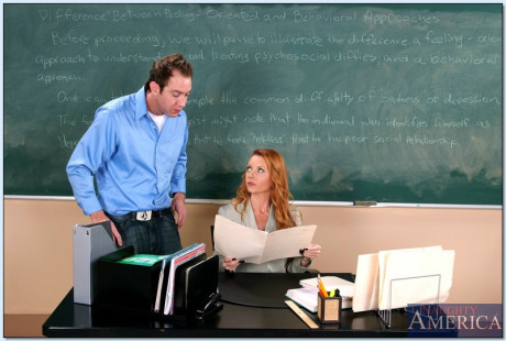 Redheaded teacher Janet Mason seduces a lover and gets drilled at school - #284161