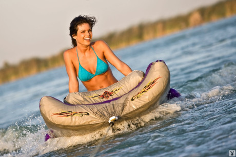 Naturally busty Laura Croft in a boat sunning glorious medium boobies & curvy butt - #320587