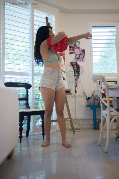 Fine amateur Violet R reveals underarm hair & firm butt while getting dressed