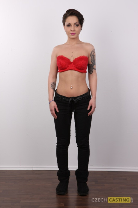 Amateur girl girlfriend broad with short hair sports pierced nipples while getting naked - #274073