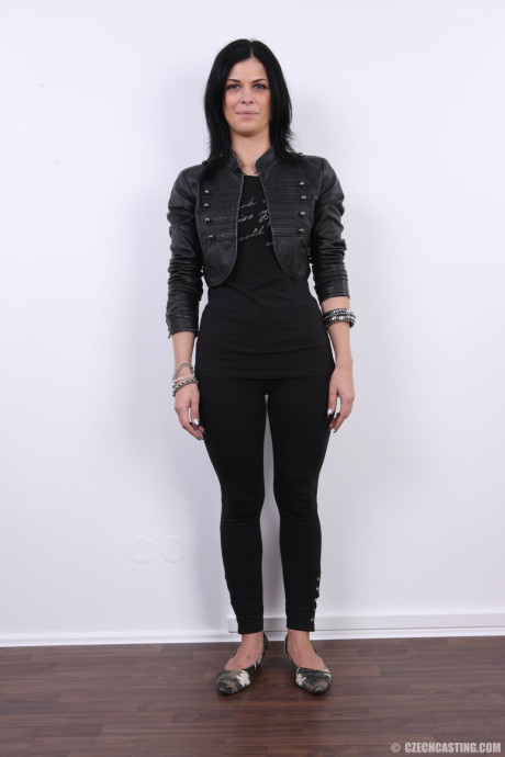 Brunette amateur removes a leather jacket and ebony pants to stand nude - #309191